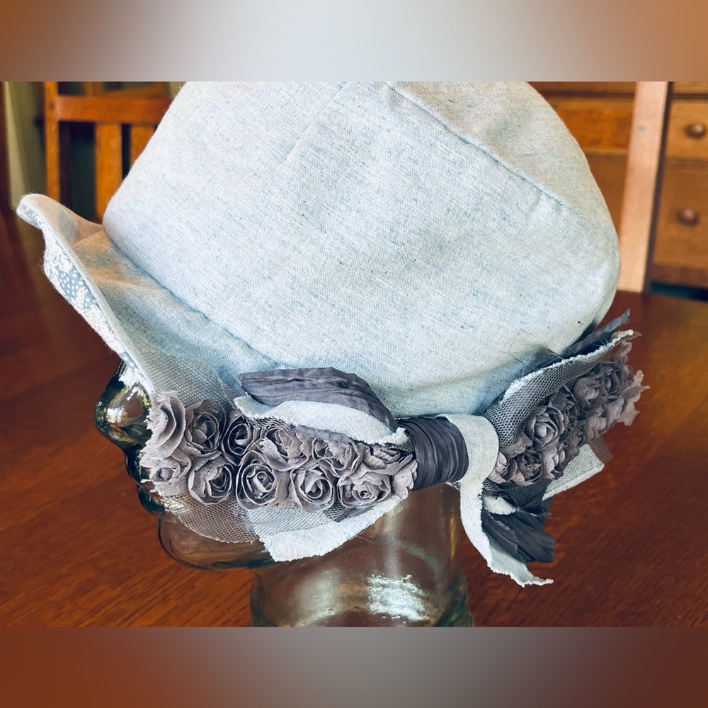 Vintage Grace Hats Designer Light Blue Floral Embellished Cloche Hat